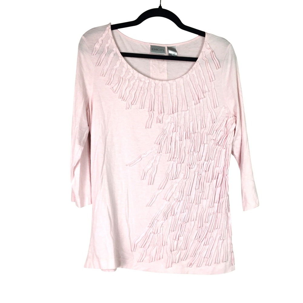 Chico's Fringe Top Pink 3/4‎ Sleeve Scoop Neck